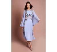 Coast Women's Pleated Sleeve Beaded Floral Midi Dress in Light Blue | Size: 8 Coast Light Blue 8