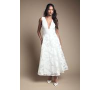 Coast Plunge Neck Jacquard Midi Wedding Dress, 14, Ivory
