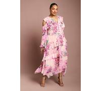 Coast Women's Plus Cold Shoulder Printed Ruffle Midi Dress in Pink | Size: 22