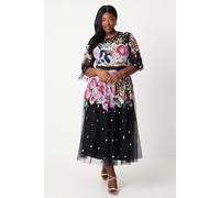 Coast Women's Plus Hand Embellished Mesh Midi Dress With Short Sleeve in Black | Size: 26 Coast Black 26