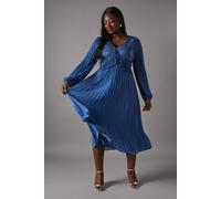 Coast Women's Plus Lace Insert Long Sleeve Pleated Midi Dress in Blue | Size: 22 Coast Blue 22