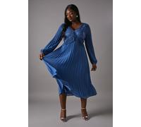 Coast Women's Plus Lace Insert Long Sleeve Pleat Dress in Blue | Size: 22 Coast Blue 22