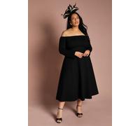 Coast Women's Plus Long Sleeve Bardot Full Skirted Ponte Midi Dress in Black | Size: 20