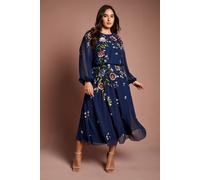 Coast Women's Plus Size Long Sleeve Floral Embellished Sequin Midi Dress in Navy | Size: 24 Coast Navy 24