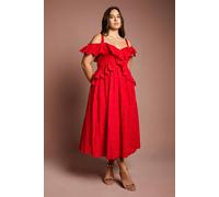 Coast Women's Plus Strappy Cold Shoulder Broderie Frill Midi Dress in Red | Size: 18 Coast Red 18