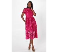 Coast Women's Premium Floral Satin Lace Midi Dress in Magenta Pink | Size: 10