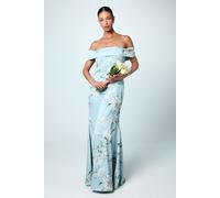 Printed Bardot Satin Bridesmaid Dress Coast Sage 10