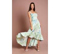 Coast Women's Printed Glossy Organza Tiered Hi-Lo Maxi Dress in Green | Size: 16