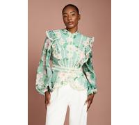Coast Women's Printed Long Sleeve Frill Organza Blouse in Sage | Size: 14 Coast Sage 14