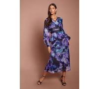 Coast Women's Printed Long Sleeve V Neck Peplum Midi Dress in Purple | Size: 16
