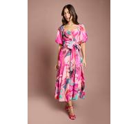 Coast Women's Printed Puff Sleeve Wrap Belted Midi Dress in Pink | Size: 8