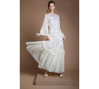 Coast Women's Ruffle Hem Tiered Sequin Long Sleeve Wedding Dress in Ecru | Size: 10 Coast Ecru 10