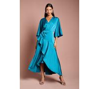 Coast Women's Satin Back Crepe Ruffle Wrap Midi Dress in Teal | Size: 14 Coast Teal 14