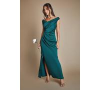 Coast Women's Satin Bardot Bridesmaid Maxi Dress with Waist Ruching Detail in Emerald | Size: 12
