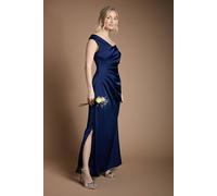 Coast Women's Satin Bardot Bridesmaid Maxi Dress with Waist Ruching Detail in Navy | Size: 16