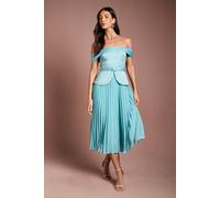 Coast Women's Satin Bardot Top Pleat Skirt Midi Dress in Mint | Size: 14 Coast Mint 14