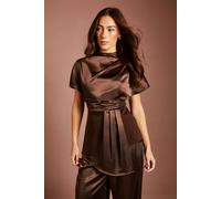 Coast Women's Satin Belted High Neck Top With Drape Sleeve in Chocolate | Size: 8