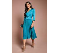 Coast Women's Satin Bodice ¾ Sleeve Pleat Skirt Belted Midi Wedding Guest Dress in Teal | Size: 10 Coast Teal 10