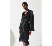 Satin Fringe Hem Wrap Waist Midi Dress Coast Black 10
