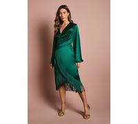 Coast Women's Satin Fringe Hem Wrap Waist Midi Dress in Emerald | Size: 10 Coast Emerald 10