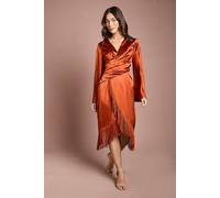 Coast Women's Satin Fringe Hem Wrap Waist Midi Dress in Rust | Size: 14 Coast Rust 14