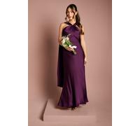 Satin Halterneck Maxi Bridesmaid Dress with Over The Shoulder Drape Detail Coast Grape 10