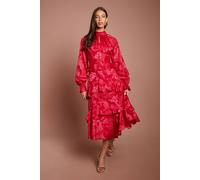 Coast Women's Satin Jacquard Long Sleeve Peplum Tiered Midi Dress in Red | Size: 18