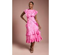 Coast Women's Satin Jacquard Ruffle Detail Midi Dress in Pink | Size: 12 Coast Pink 12