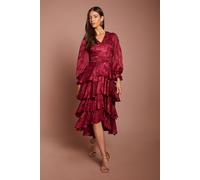 Coast Women's Satin Jacquard Tiered Blouson Sleeve Midi Dress in Fig | Size: 10