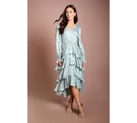 Coast Women's Satin Jacquard Tiered Blouson Sleeve Midi Dress in Sage | Size: 18