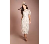 Coast Women's Satin Lace Puff Sleeve Midi Dress in Champagne | Size: 18