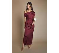 Coast Women's Satin Ruched Detail Off-The Shoulder Maxi Bridesmaid Dress in Malbec | Size: 12 Coast Malbec 12