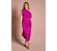 Coast Women's Satin Ruched One Shoulder Asymmetric Hem Midi Dress in Dark Pink | Size: 8 Coast Dark Pink 8