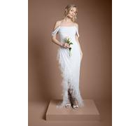 Coast Women's Sequin Embellished Feather Trim Draped Bardot Maxi Wedding Dress in Ivory | Size: 10 Coast Ivory 10