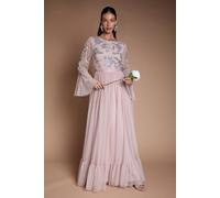 Coast Women's Sequin Long Sleeve Ruffle Mesh Maxi Bridesmaid Dress in Dusty Rose | Size: 14