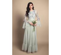 Coast Women's Sequin Long Sleeve Ruffle Mesh Maxi Bridesmaid Dress in Sage | Size: 8