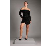Coast Women's Sequin Party Bardot Long Sleeve Wrap Skirt Mini Dress in Black | Size: 12 Coast Black 12