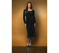 Coast Women's Sequin Party Long Sleeve Midi Dress With Feather Hem in Emerald | Size: 18 Coast Emerald 18