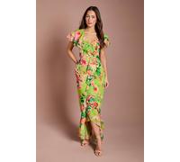 Coast Women's Short Sleeve Floral Print Chiffon Maxi Dress With Frills in Lime | Size: 8 Coast Lime 8