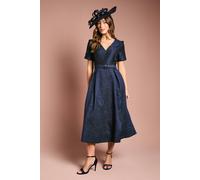 Coast Women's Short Sleeve Jacquard Midi Dress With Belt in Navy | Size: 16