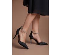 Coast Women's Sicily Satin Diamante Ankle Strap Comfort Sock Pointed Court Shoes in Black | Size: 8
