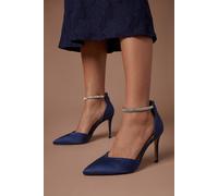 Coast Women's Sicily Satin Diamante Ankle Strap Comfort Sock Pointed Court Shoes in Navy | Size: 3