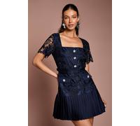 Coast Women's Square Neck Pearl Button Satin Lace Mini Dress in Navy | Size: 16