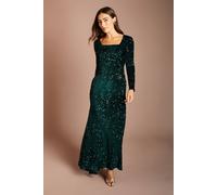 Coast Women's Square Neck Velvet Sequin Long Sleeve Black Maxi Dress in Green | Size: 14