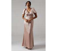 Coast Women's Sweetheart Neckline Puff Sleeve Satin Bridesmaid Maxi Dress in Mocha | Size: 10 Coast Mocha 10