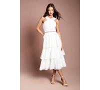 Coast Women's Tiered Lace Cross Halter Neck Button Detail Midi Dress in Ivory | Size: 12