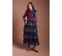 Coast Women's Tiered Skirt Embroidered Mesh Long Sleeve Midi Dress in Navy | Size: 18