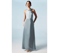 Twisted Halterneck Satin Maxi Dress Coast Dusty Blue 18