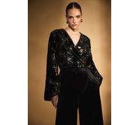 Coast Women's V Neck Blouson Sleeve Floral Sequin Jumpsuit in Black | Size: 12