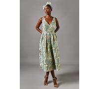 Coast Women's V Neck Floral Jacquard Full Skirt Midi Dress in Sage | Size: 10 Coast Sage 10